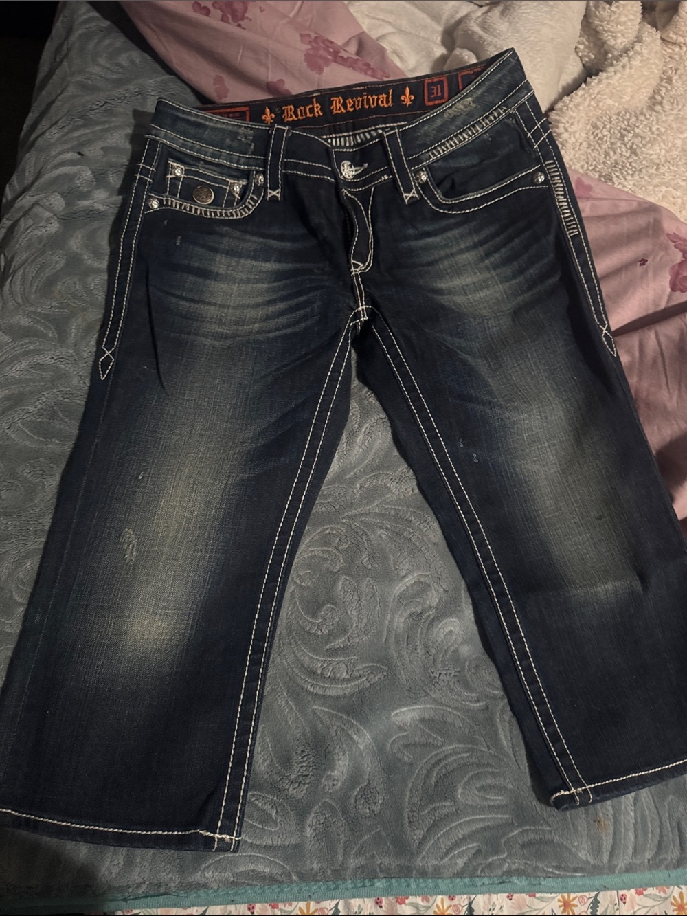 Rock Revival Women's Dark Indigo Cropped Jeans with Contrast Stitching
